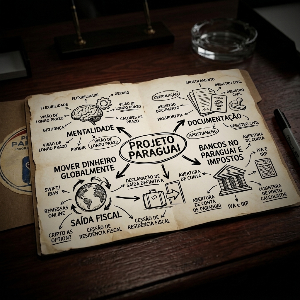 Mapa mental Projeto Paraguai: mentalidade, documentação, bancos e etapas do método